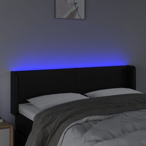 vidaXL Cabeceira de cama c/ LED couro artificial 147x16x78/88 cm preto