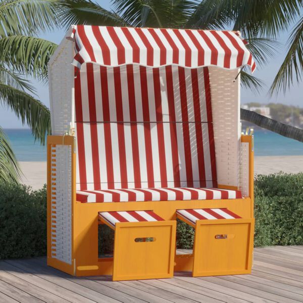 vidaXL Strandkorb com toldo vime PE e madeira maci&ccedil;a vermelho e branco