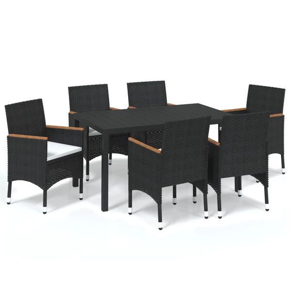vidaXL 7 pcs conjunto de jantar p/ jardim c/ almofadões vime PE preto