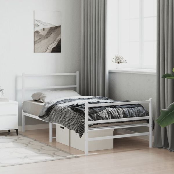 vidaXL Estrutura de cama com cabeceira e pés 107x203 cm metal branco