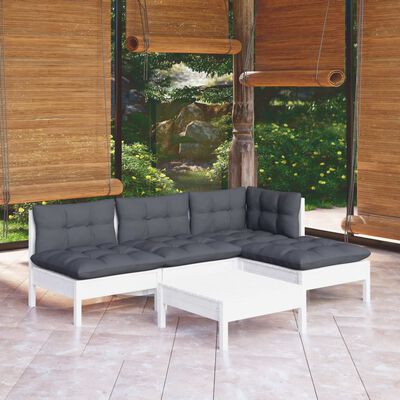 vidaXL 5 pcs conjunto lounge de jardim c/ almofadões pinho branco
