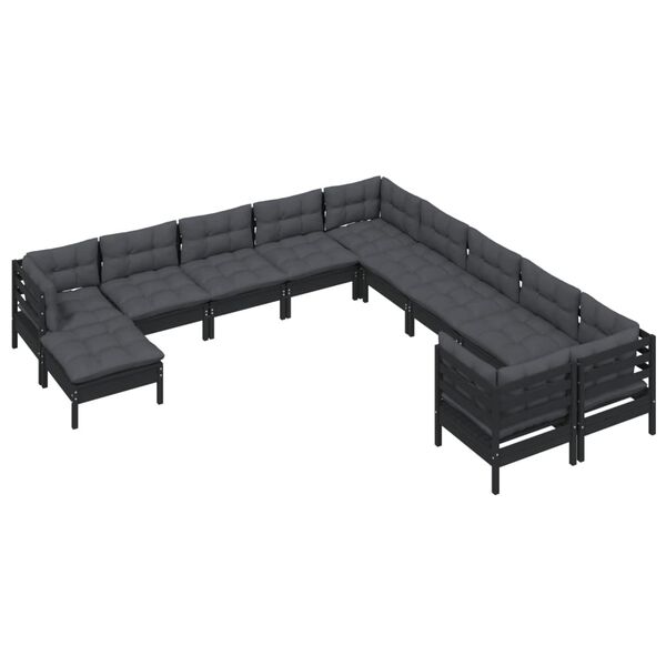 vidaXL 11 pcs conjunto lounge de jardim c/ almofadões pinho preto