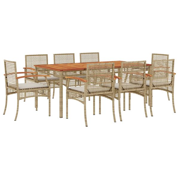 vidaXL 9 pcs conjunto de jantar p/ jardim com almofad&otilde;es vime PE bege