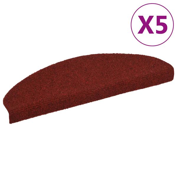 vidaXL Tapetes de escada autoadesivos 5 pe&ccedil;as 65x21x4 cm vermelho bord&ocirc; meio redondo grande
