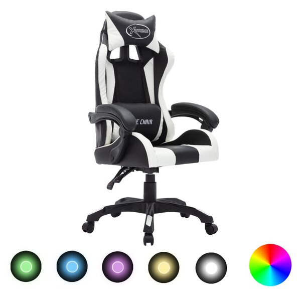 vidaXL Cadeira estilo corrida luzes LED RGB couro artif. branco/preto
