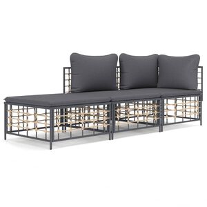 vidaXL 3 pcs conjunto lounge de jardim c/ almofad&otilde;es vime PE antracite