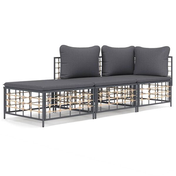 vidaXL 3 pcs conjunto lounge de jardim c/ almofadões vime PE antracite