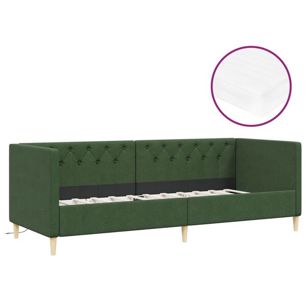 vidaXL Sof&aacute;-cama c/ colch&atilde;o e sa&iacute;da USB 90x200 cm tecido verde-escuro