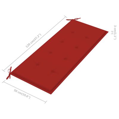 vidaXL Banco Batávia c/ almofadão vermelho 120 cm teca maciça