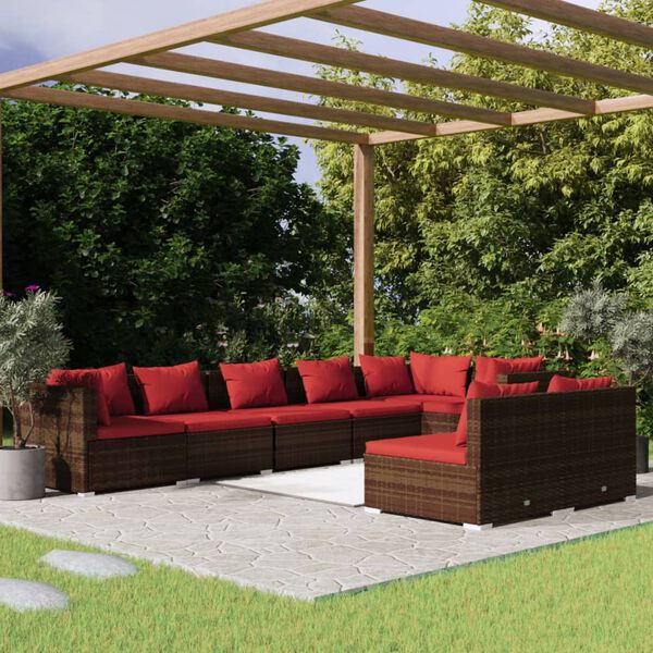 vidaXL 8 pcs conjunto lounge jardim c/ almofad&otilde;es vime PE castanho