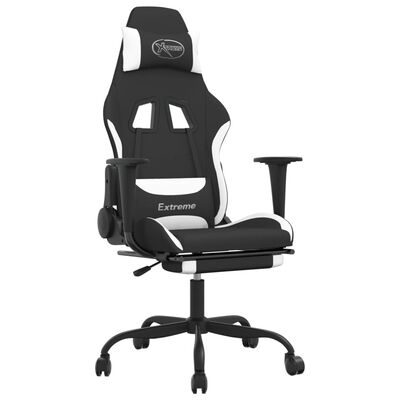 vidaxL Cadeira de gaming com apoio de pés tecido preto e branco