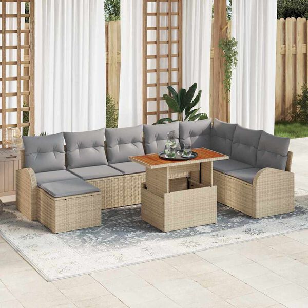 vidaXL Conjunto de Sof&aacute; de Jardim 9 pcs Bege Rattan Sint&eacute;tico
