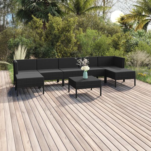 vidaXL 8 pcs conjunto lounge de jardim c/ almofadões vime PE preto