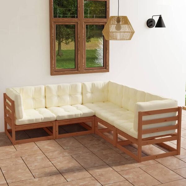vidaXL 5 pcs conjunto lounge de jardim com almofad&otilde;es pinho maci&ccedil;o