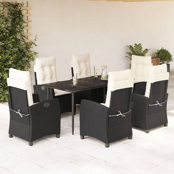 vidaXL 7 pcs conjunto de jantar p/ jardim c/ almofad&otilde;es vime PE preto