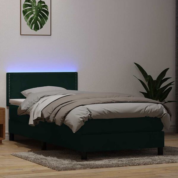 vidaXL Cama box spring c/ colch&atilde;o e LED 100x220 cm veludo verde-escuro
