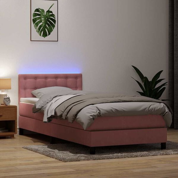 vidaXL Cama box spring c/ colch&atilde;o e LED 100x220 cm veludo Rosa