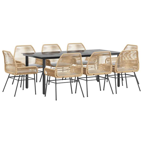 vidaXL Conjunto jantar jardim 9 pe&ccedil;as almofadas vidro vime PE castanho