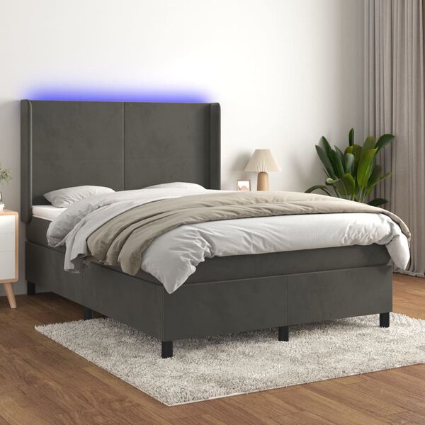vidaXL Cama box spring c/ colch&atilde;o/LED 140x200cm veludo cinzento-escuro