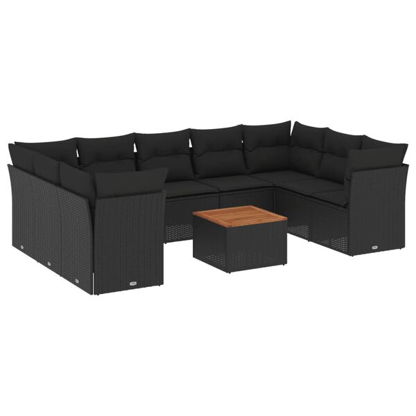 vidaXL 10 pcs conjunto sofás de jardim c/ almofadões vime PE preto