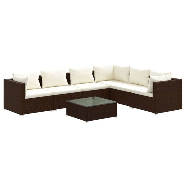 vidaXL 7 pcs conjunto lounge jardim c/ almofad&otilde;es vime PE castanho