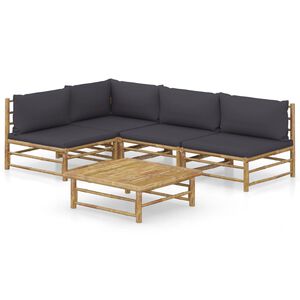 vidaXL 5 pcs conj. lounge jardim em bambu c/ almofad&otilde;es cinza-escuro