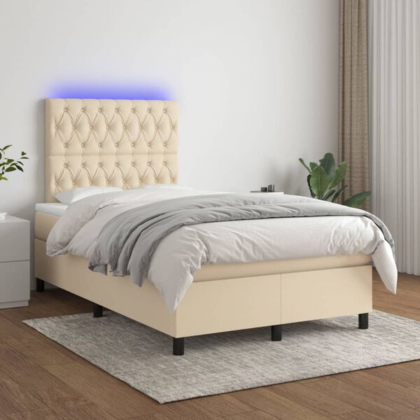 vidaXL Cama box spring c/ colch&atilde;o e LED 120x200 cm tecido cor creme