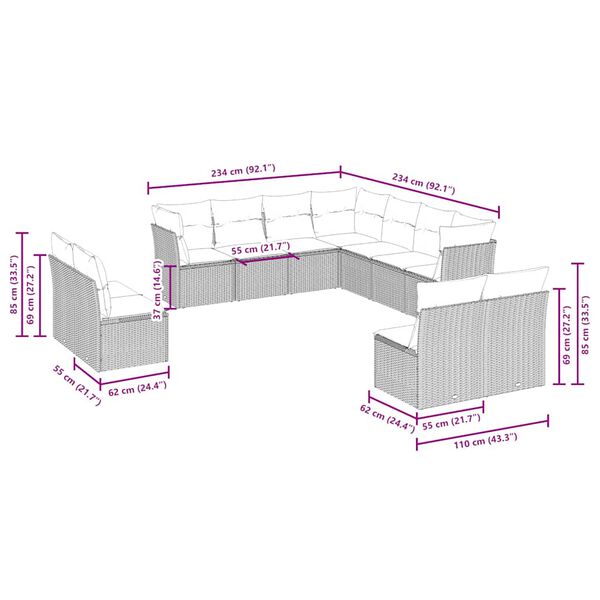 vidaXL 11 pcs conjunto sofás de jardim c/ almofadões vime PE cinzento