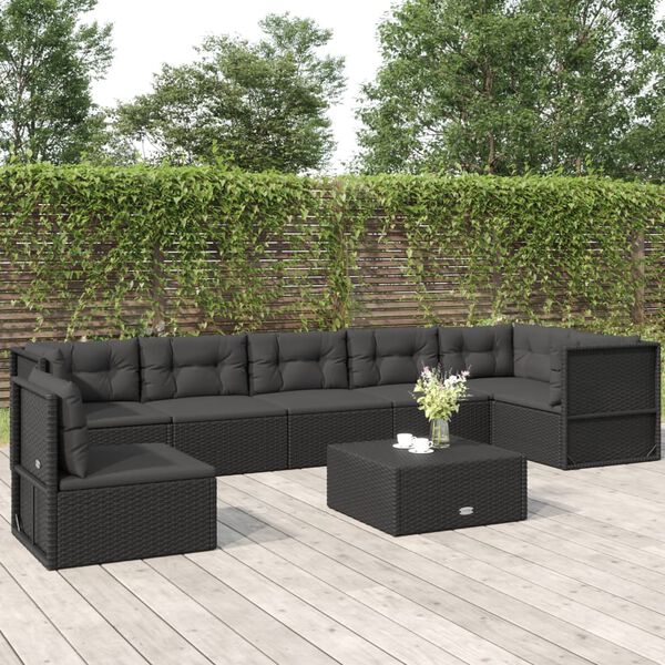 vidaXL 7 pcs conjunto lounge de jardim c/ almofad&otilde;es vime PE preto