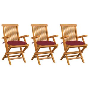 vidaXL Conjunto de 3 cadeiras dobr&aacute;veis em madeira maci&ccedil;a de teca com almofadas na cor vinho.