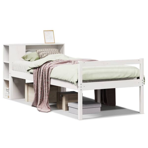 vidaXL Cama com estante sem colch&atilde;o 90x190 cm pinho maci&ccedil;o branco