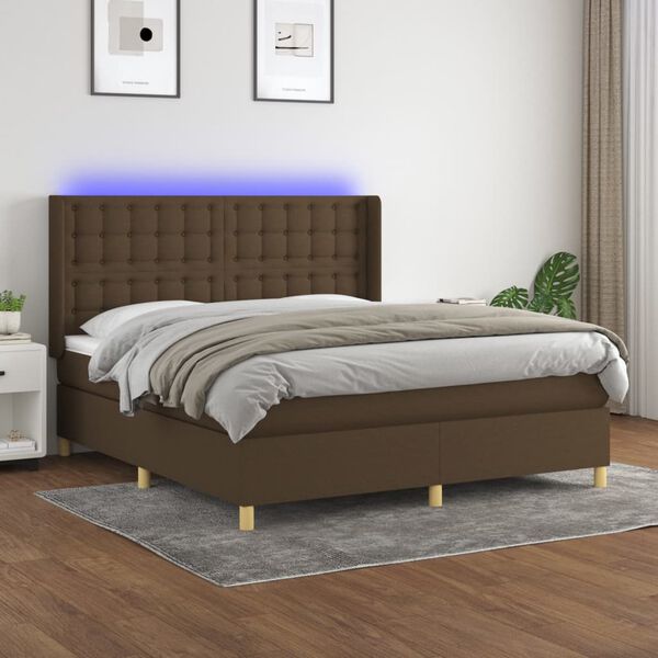 vidaXL Cama box spring c/ colch&atilde;o/LED 180x200cm tecido castanho-escuro