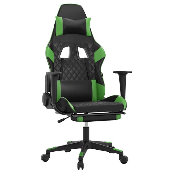 vidaXL Cadeira gaming massagens c/ apoio p&eacute;s couro artif. preto/verde
