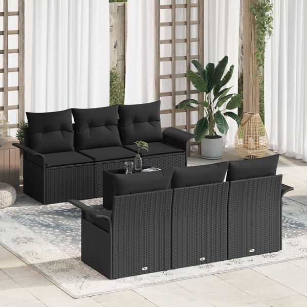 vidaXL Conjunto de Sof&aacute; de Jardim com almofada 7 pcs Preto vime PE