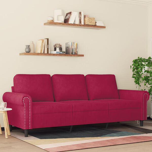 vidaXL Sof&aacute; de 3 lugares veludo 180 cm vermelho tinto