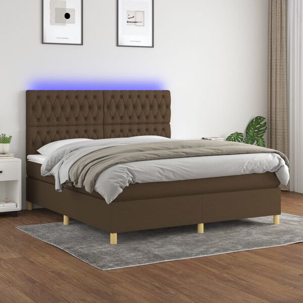 vidaXL Cama box spring c/ colch&atilde;o/LED 180x200cm tecido castanho-escuro