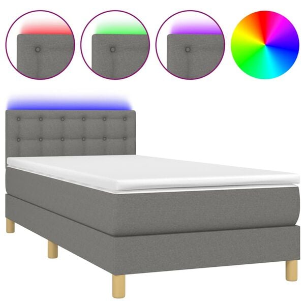 vidaXL Cama box spring c/ colch&atilde;o e LED 100x200 cm tecido cinza-escuro