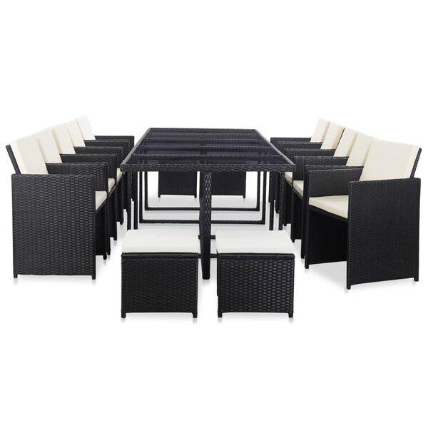 vidaXL 15 pcs conjunto jantar exterior com almofad&otilde;es vime PE preto