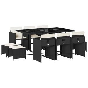 vidaXL 11 pcs conjunto de jantar p/ jardim c/ almofad&otilde;es vime PE preto