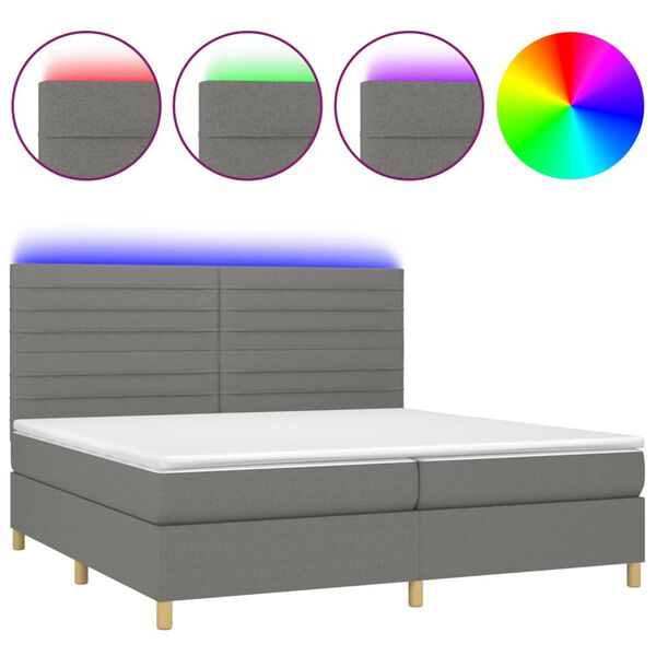 vidaXL Cama box spring c/ colch&atilde;o e LED 200x200 cm tecido cinza-escuro