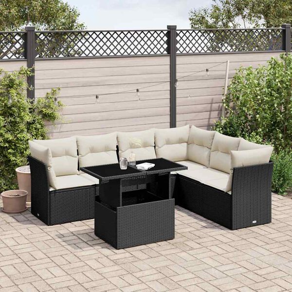 vidaXL 7 pcs conjunto de sof&aacute;s p/ jardim c/ almofad&otilde;es vime PE preto