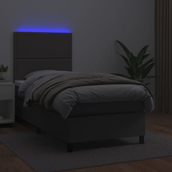 vidaXL Cama box spring c/ colch&atilde;o/LED 90x200 cm couro artificial cinza
