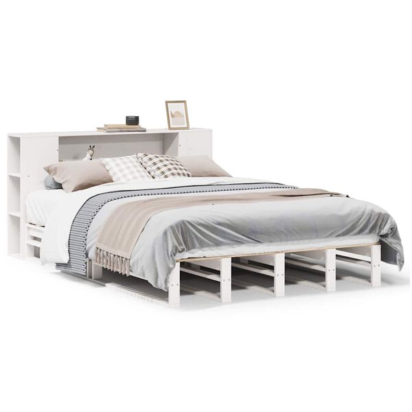 vidaXL Cama com estante sem colch&atilde;o 150x200 cm madeira maci&ccedil;a branco