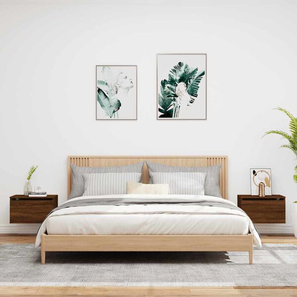 vidaXL Mesas cabeceira de parede c/ luzes LED 2 pcs carvalho castanho