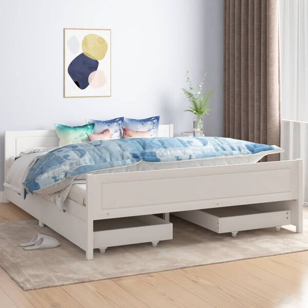 vidaXL Estrutura de cama com 4 gavetas 160x200 cm pinho maciço branco