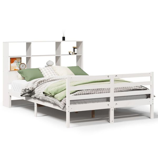 vidaXL Cama com estante sem colchão 120x190 cm pinho maciço branco