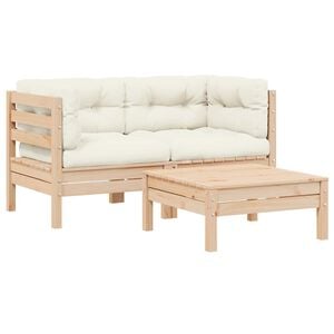 vidaXL 3 pcs conjunto lounge jardim c/ almofad&otilde;es creme pinho maci&ccedil;o