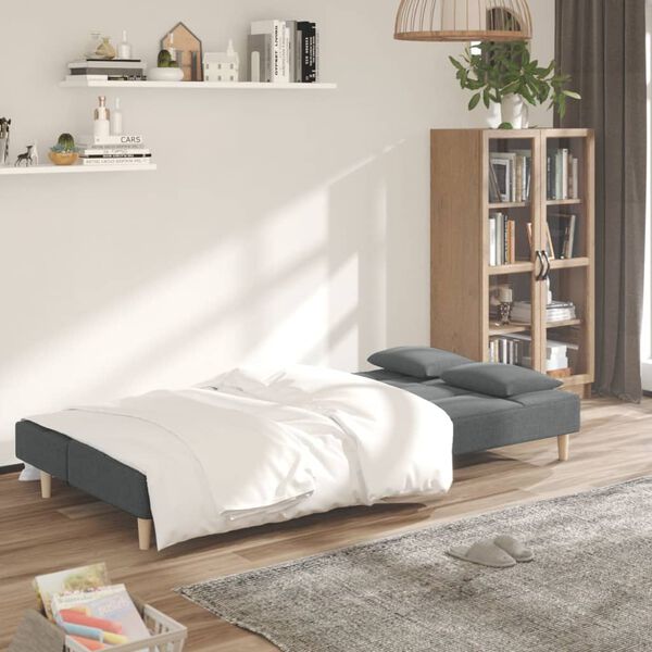 vidaXL Sof&aacute;-cama 2 lugares com duas almofadas tecido cinzento-escuro