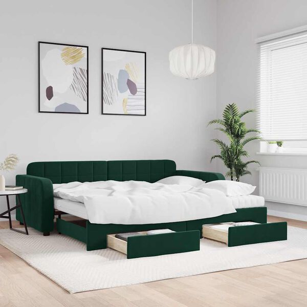 vidaXL Sofá-cama c/ gavetão e gavetas 90x200 cm veludo verde-escuro