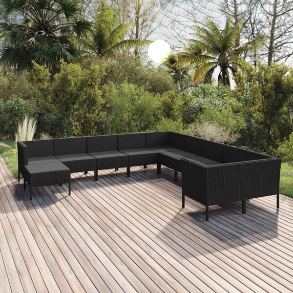 vidaXL 11 pcs conjunto lounge de jardim c/ almofad&otilde;es vime PE preto